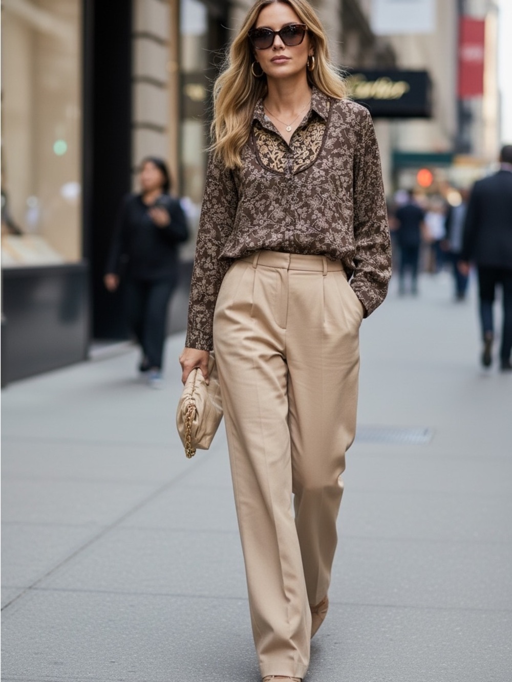 FDJ Airy Brass Earthy Brown Beige Button-Down Cropped Sleeve Lace Bib Shirt